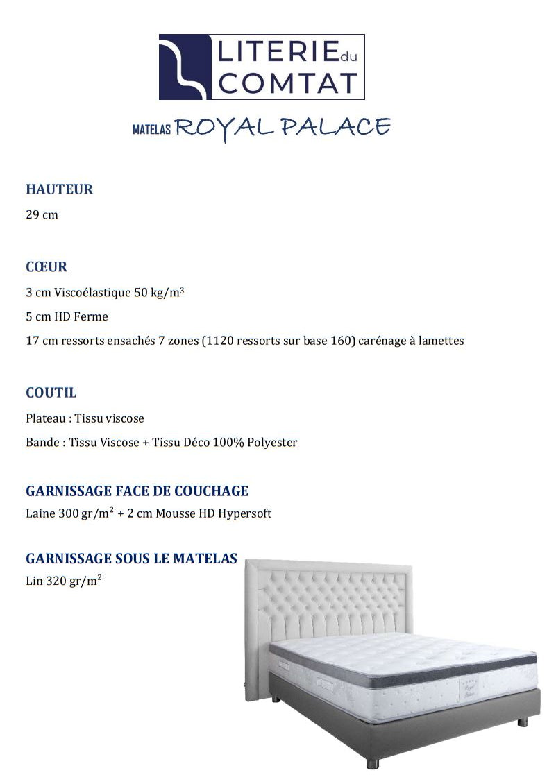 Matelas Royal Palace Literie du Comtat Béziers 140x190 160x200 180x200 200x200 100x200 120x190